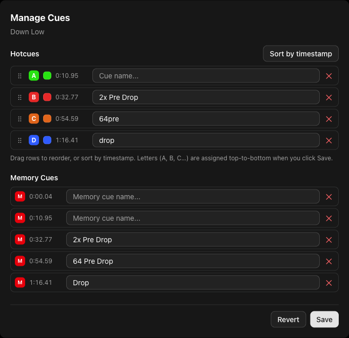 Cue editing dialog showing hot cues and memory cues with names and colors