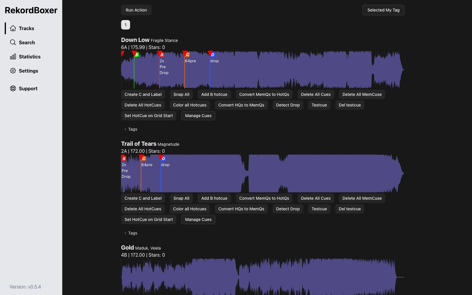 RekordBoxer track browser showing waveforms with colored cue points, key, BPM and rating